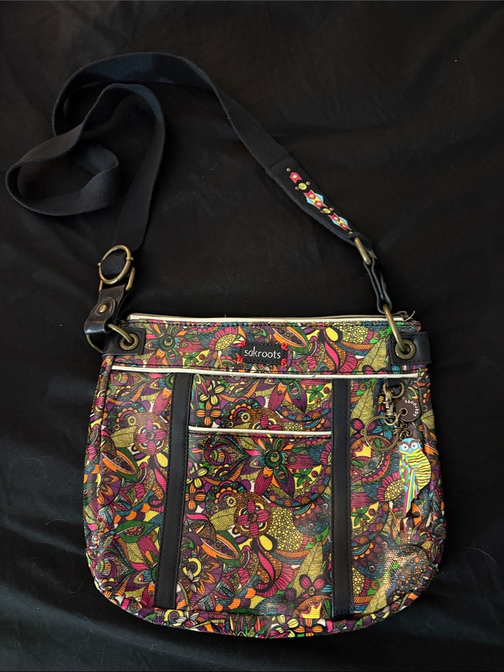 Sakroots Colorful Floral Print Crossbody Bag with Black Strap